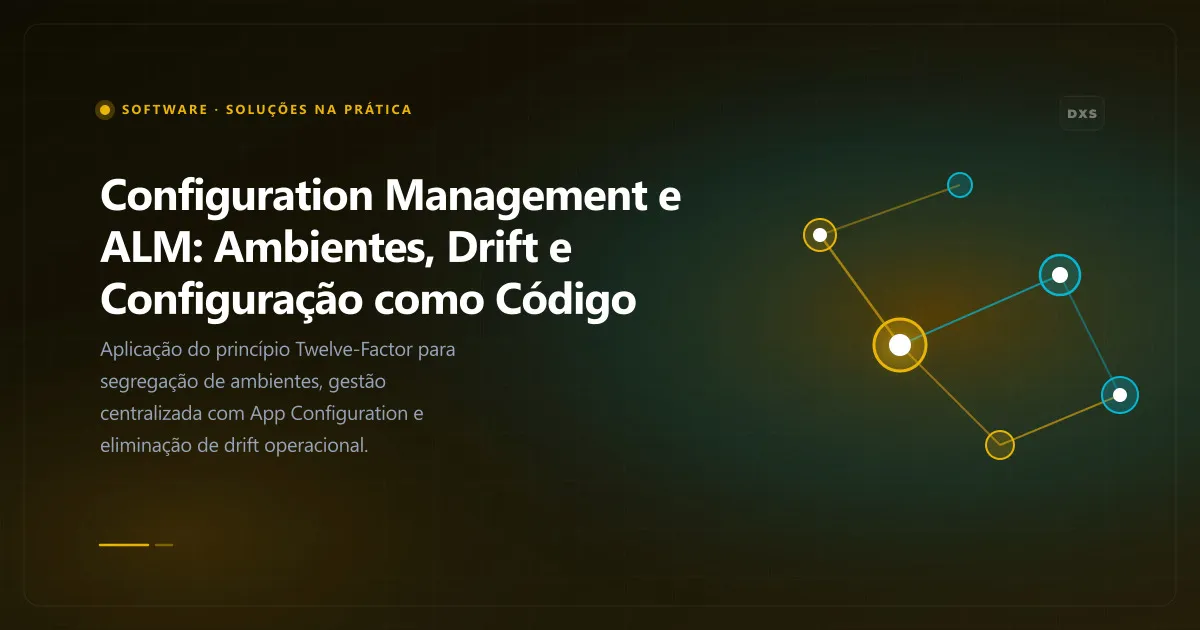 Diagrama conceitual ilustrando configuration management e alm: ambientes, drift e configuração como código