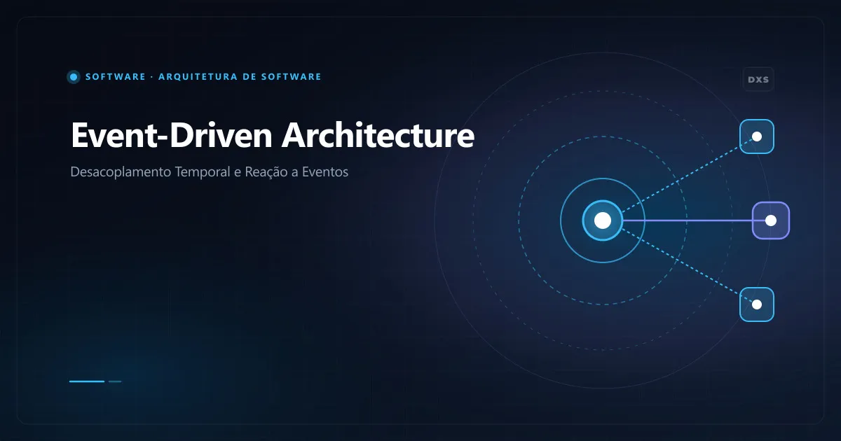 Diagrama conceitual de Event-Driven Architecture exibindo emissão de eventos e distribuição para múltiplos consumidores