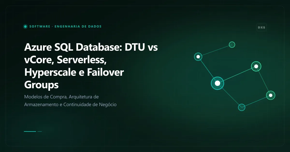 Diagrama conceitual ilustrando azure sql database: dtu vs vcore, serverless, hyperscale e failover groups