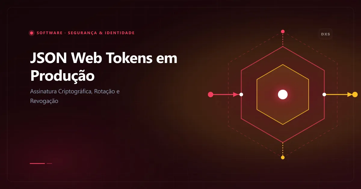 Diagrama de segurança de JSON Web Token ilustrando assinatura criptográfica chaves assimétricas JWKS e fluxo de rotação de refresh token