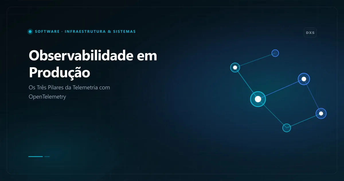 Diagrama dos três pilares da observabilidade unindo logs estruturados métricas de séries temporais e traces distribuídos com padrão OpenTelemetry