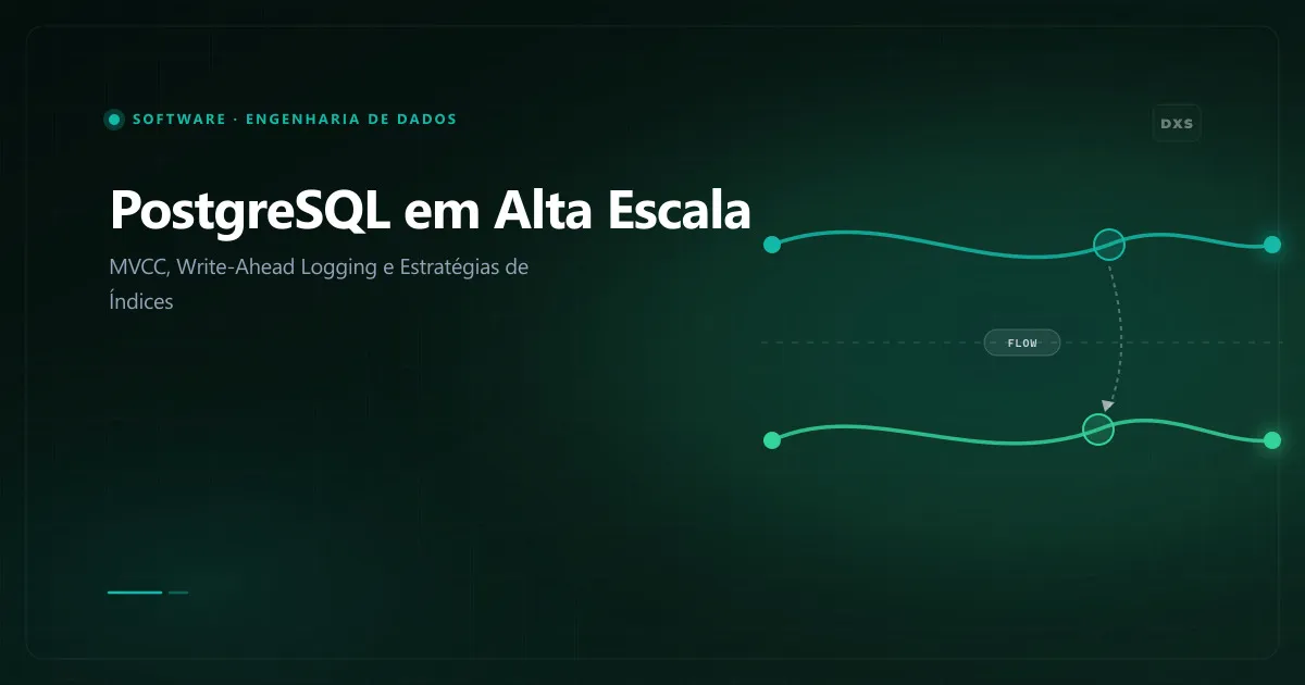 Diagrama da arquitetura interna do PostgreSQL ilustrando MVCC tuplas xmin e xmax buffer pool Write-Ahead Logging e árvores de índices