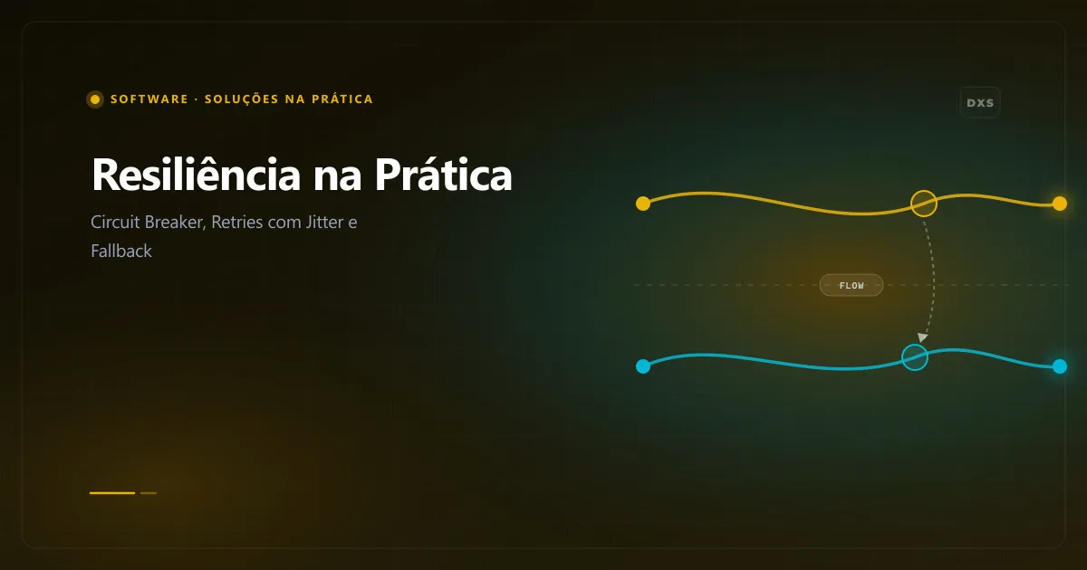 Diagrama técnico de padrões de resiliência demonstrando Circuit Breaker com três estados e retries exponenciais com jitter