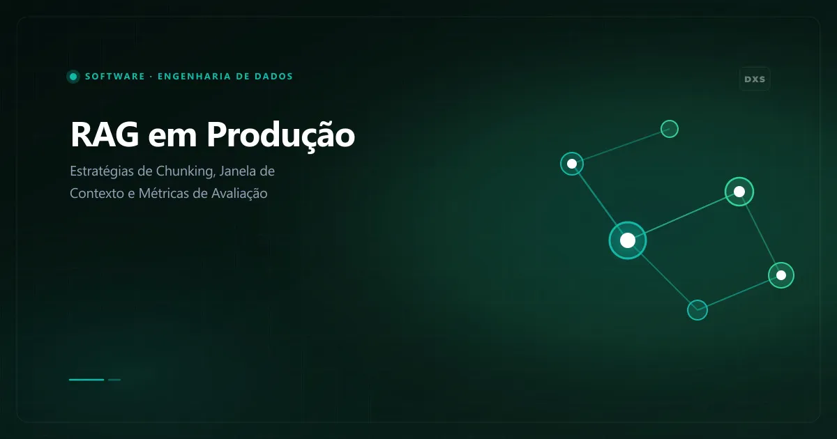 Diagrama de pipeline RAG corporativo mostrando o fluxo de ingestão e particionamento de documentos, injeção contextual em janela de atenção e framework de avaliação factual