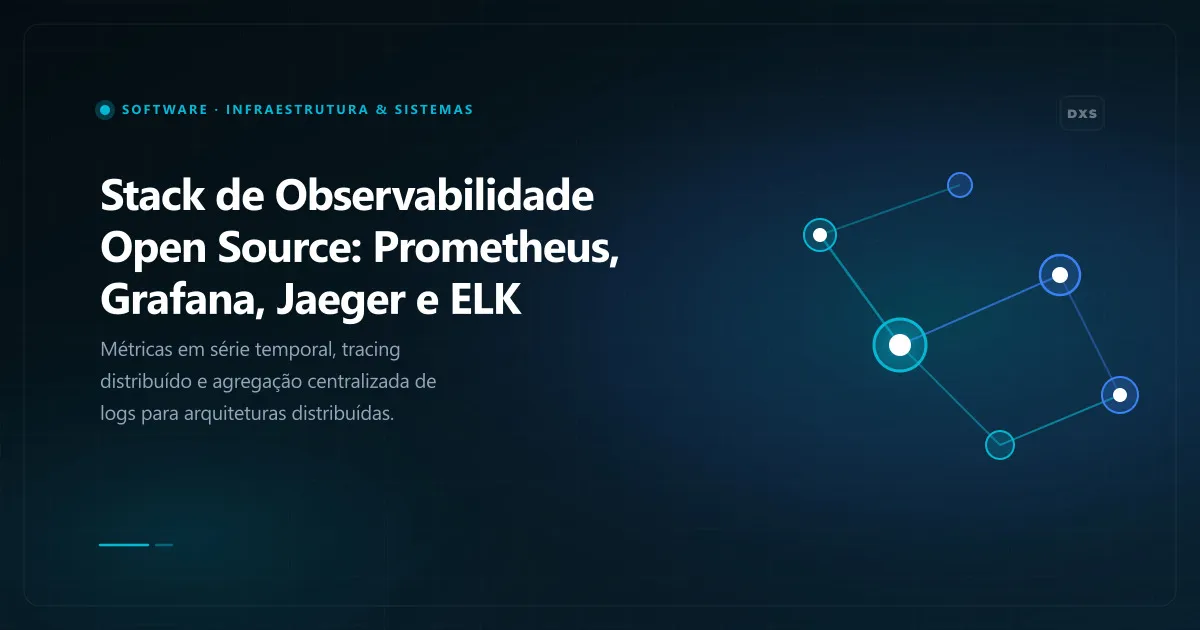 Diagrama conceitual ilustrando stack de observabilidade open source: prometheus, grafana, jaeger e elk