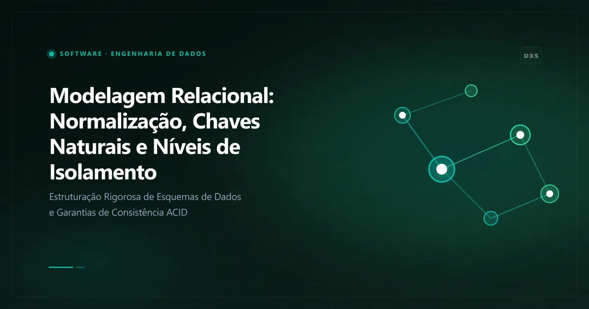 Diagrama conceitual ilustrando modelagem relacional: normalização, chaves naturais e níveis de isolamento