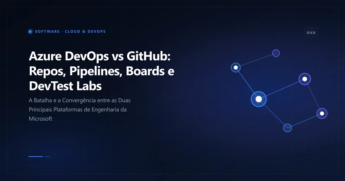 Diagrama conceitual ilustrando azure devops vs github: repos, pipelines, boards e devtest labs