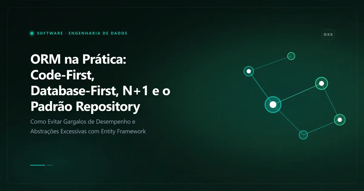 Diagrama conceitual ilustrando orm na prática: code-first, database-first, n+1 e o padrão repository