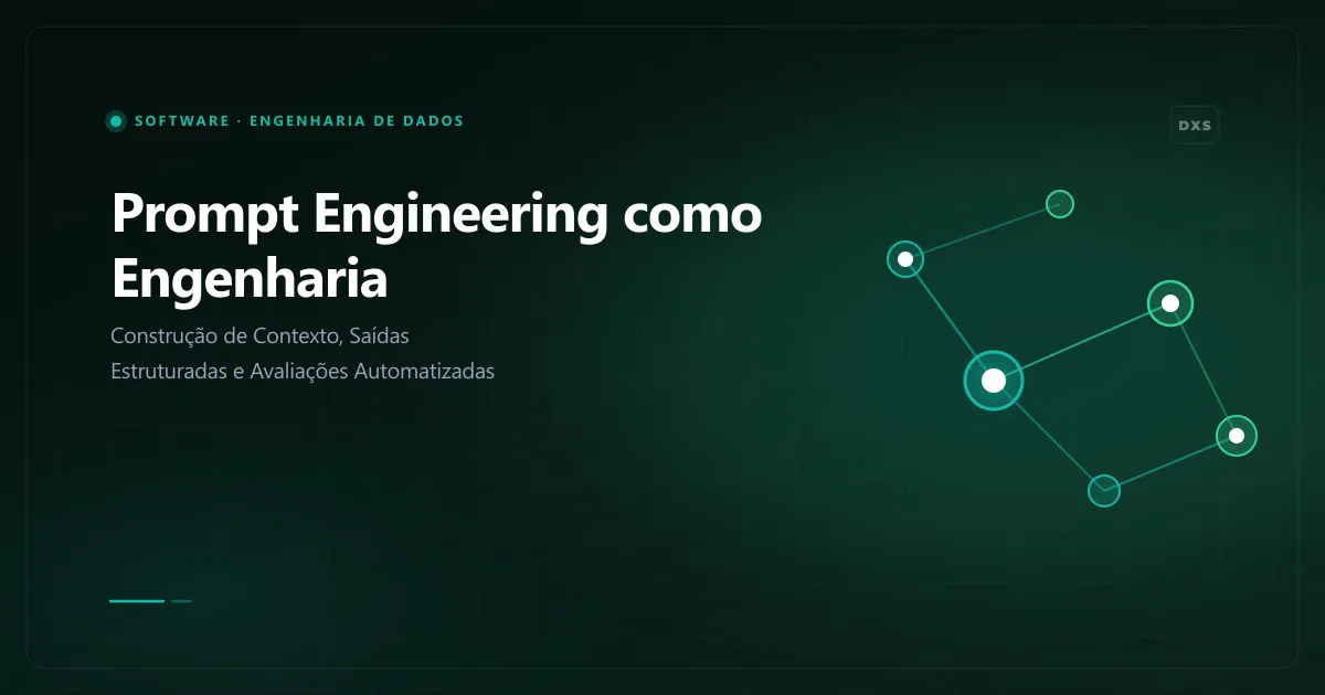 Diagrama de engenharia de prompts mostrando o ciclo de design de instruções, restrições estruturais de saída com JSON Schema e suíte de avaliações contínuas