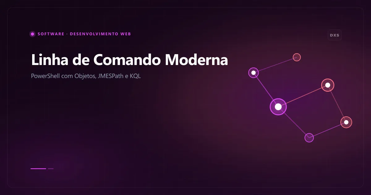 Ilustração de um terminal de linha de comando moderno com pipeline de objetos tipados, filtros de query e telemetria